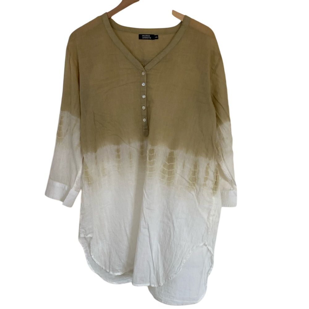 Galeries‎ Lafayette Womens Popover Tunic Blouse Size L/XL White Tan Coastal